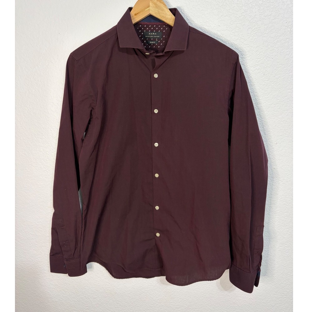 Zara Man Slim Fit Button Down Shirt Mens Medium Burgundy Maroon Long Sleeve